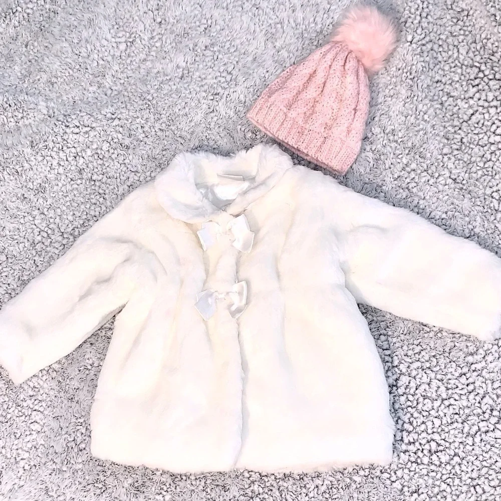 Koala Baby Boutique Vegan White Fur Coat and pink beanie hat 12 mos.